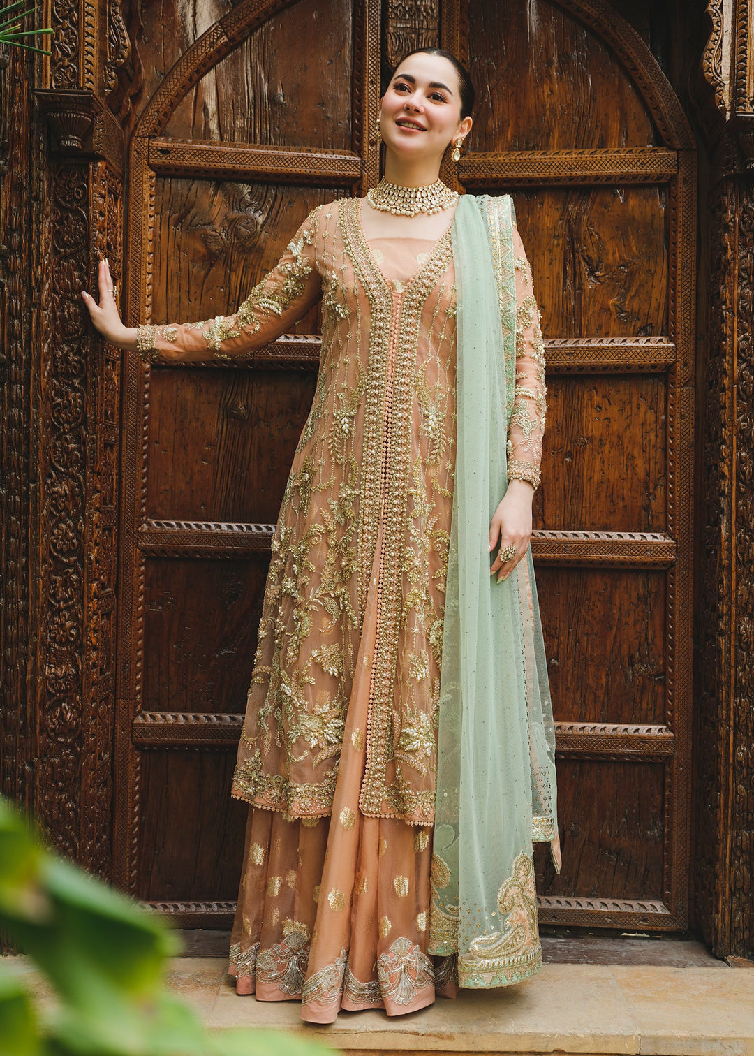 New Tea Pink Embroidered Pakistani Wedding Dress in Gown Lehenga Style