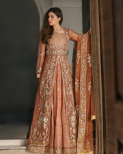 New Traditional Caramel Embroidered Pishwas Pakistani Wedding Dress