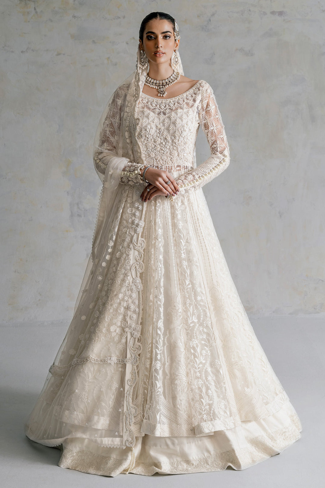 Nikkah Dress in Pishwas Frock and White Lehenga Style – Nameera by Farooq