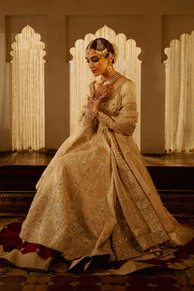 Nikkah Dress in Pishwas Frock and Raw Silk Lehnga Style – Nameera by Farooq