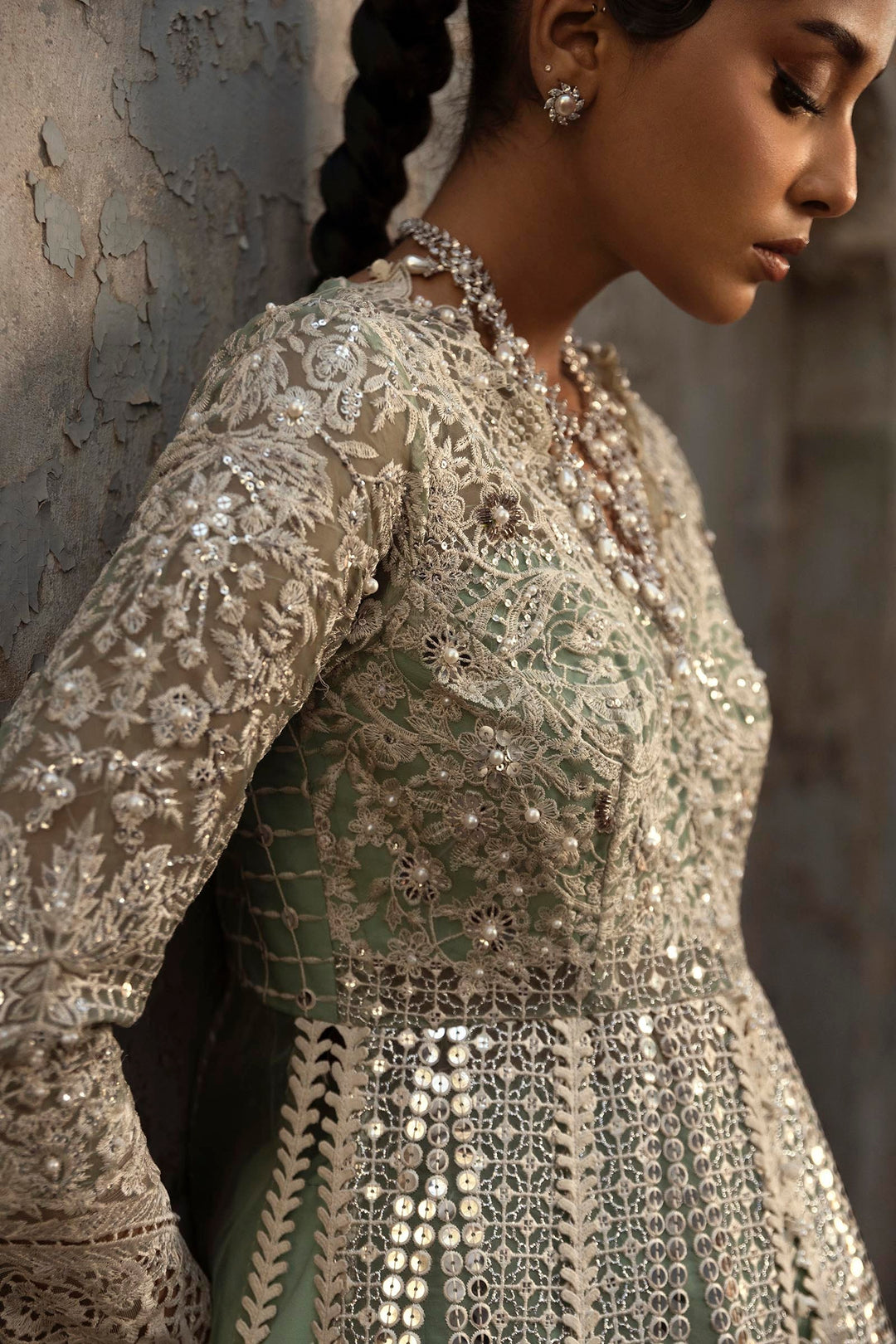 Ethereal Sage Green Pakistani Party Dress