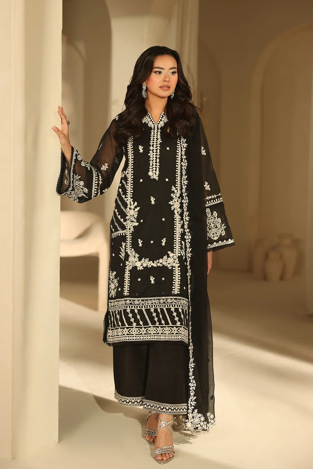 Elegant Black Embroidered Khaddi Net Pakistani Party Dress with Dupatta