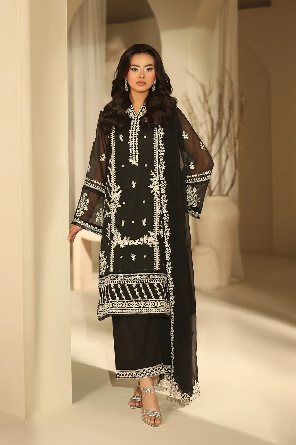 Elegant Black Embroidered Khaddi Net Pakistani Party Dress with Dupatta