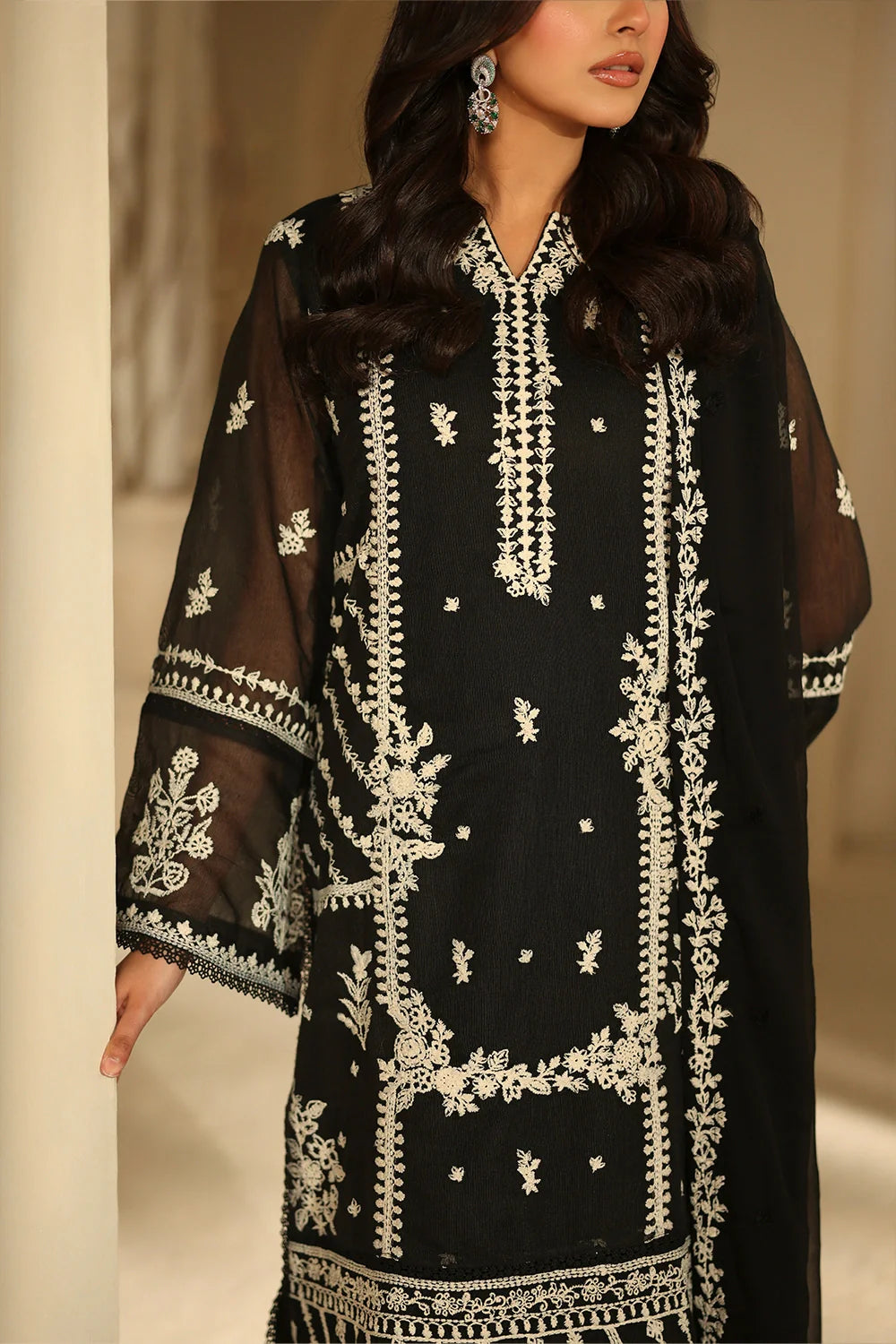 Elegant Black Embroidered Khaddi Net Pakistani Party Dress with Dupatta