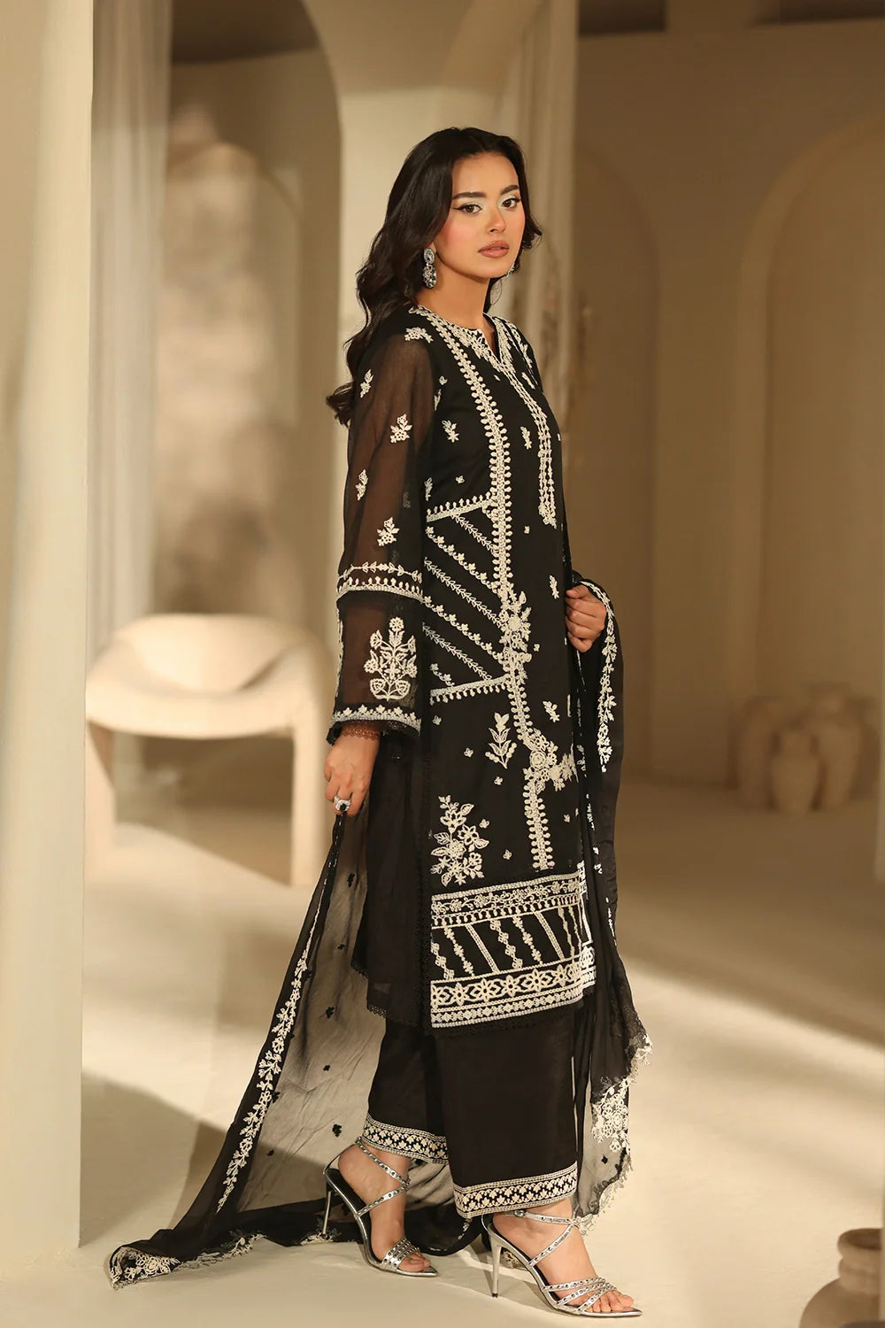 Elegant Black Embroidered Khaddi Net Pakistani Party Dress with Dupatta
