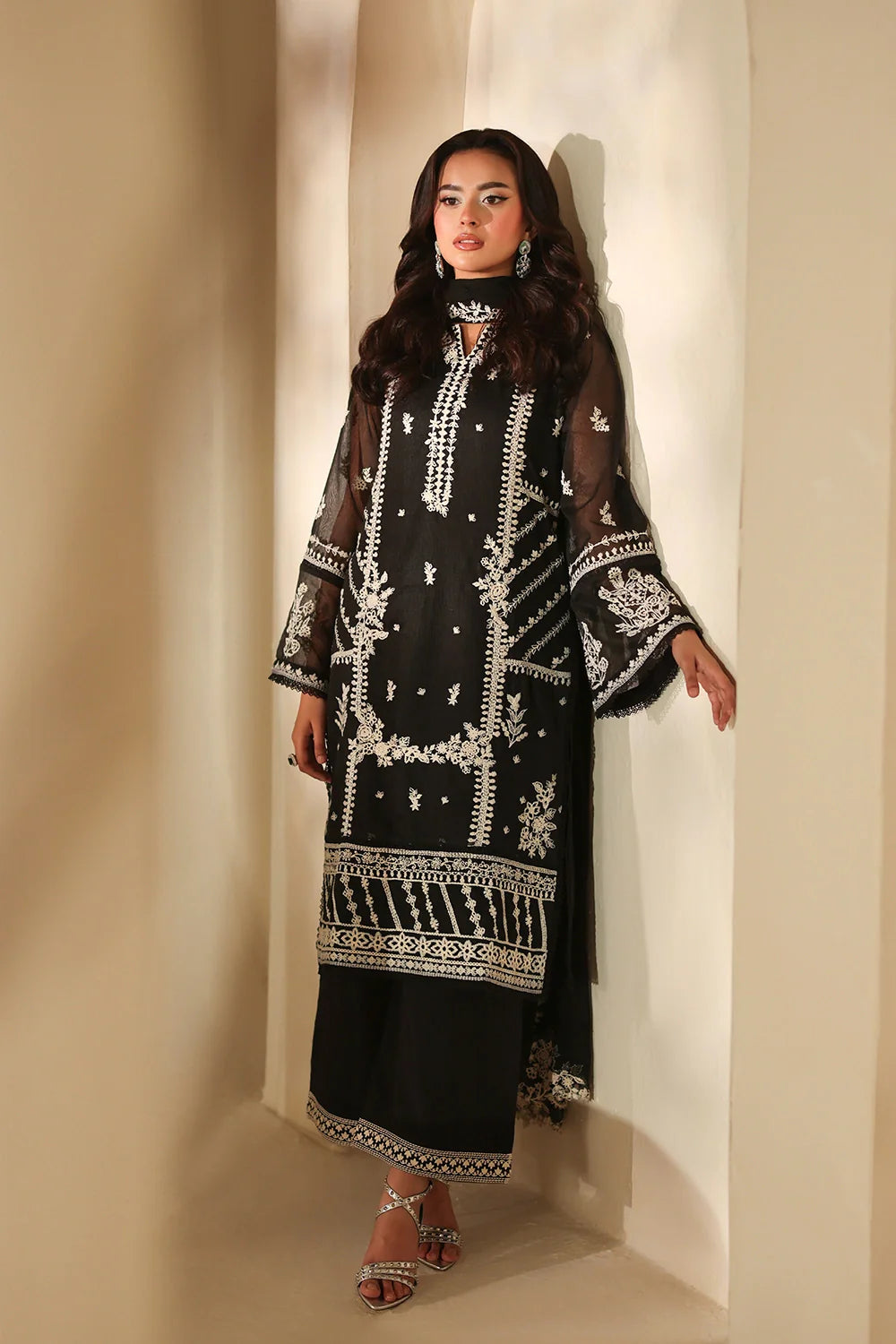 Elegant Black Embroidered Khaddi Net Pakistani Party Dress with Dupatta