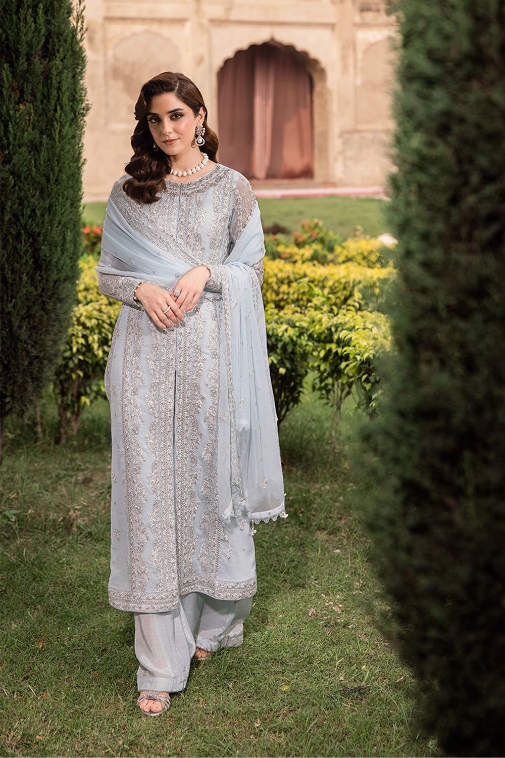 Elegant Light Blue Hand Embellished Chiffon Pakistani Party Dress