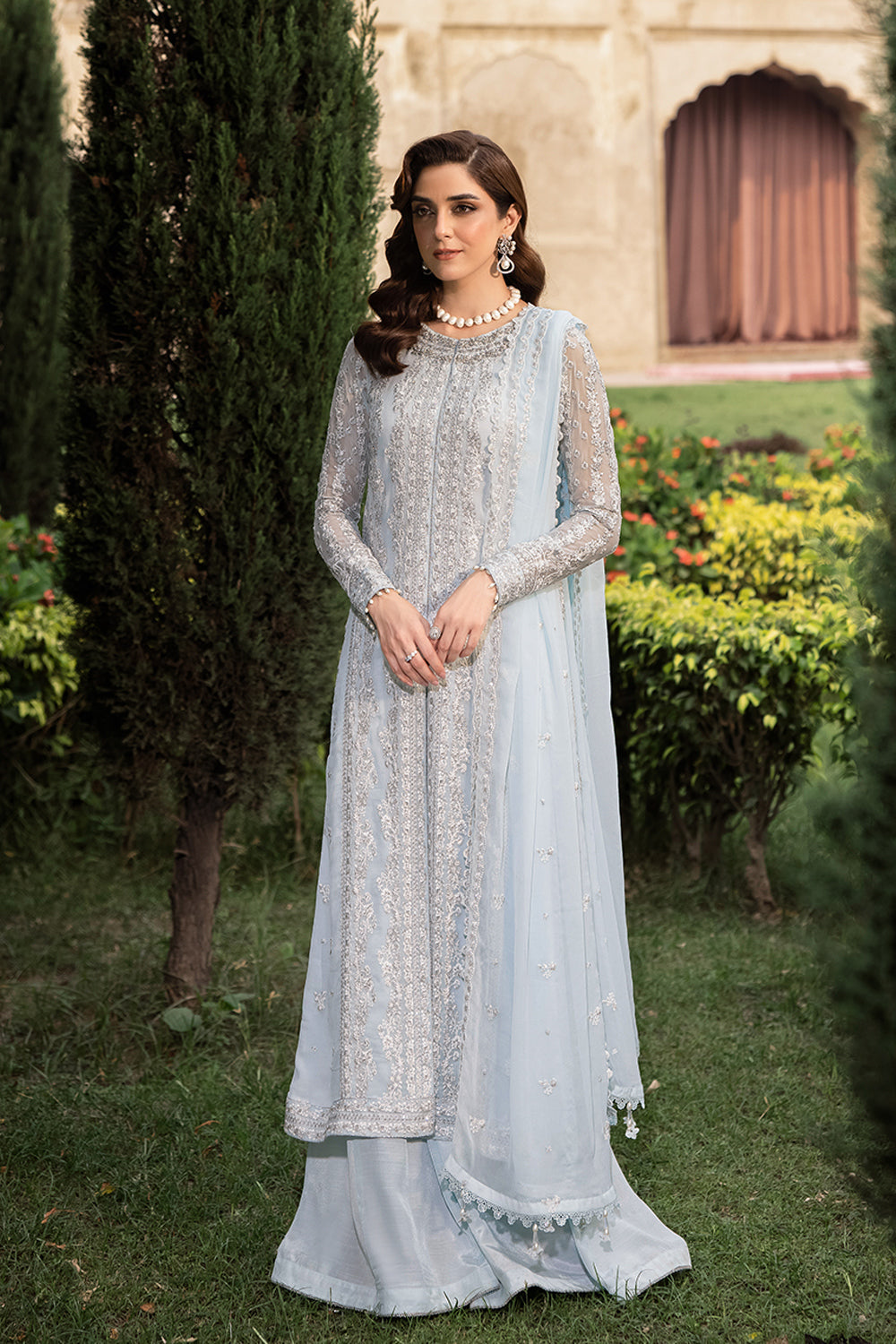 Elegant Light Blue Hand Embellished Chiffon Pakistani Party Dress