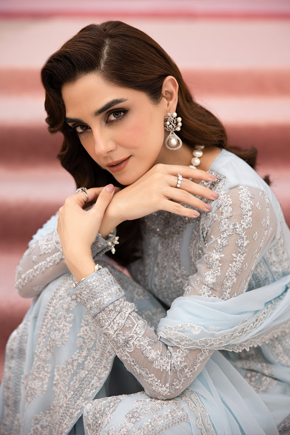 Elegant Light Blue Hand Embellished Chiffon Pakistani Party Dress