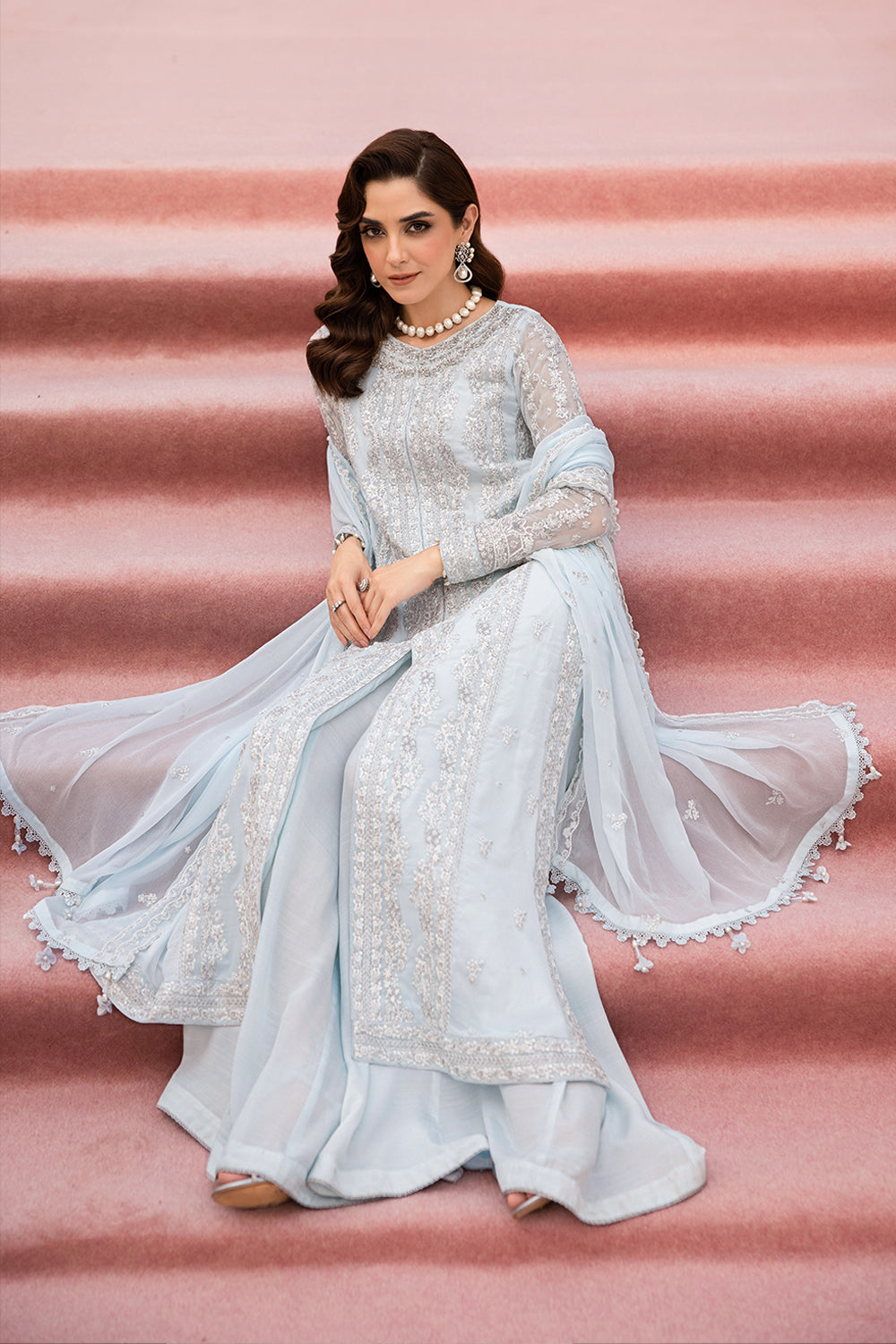Elegant Light Blue Hand Embellished Chiffon Pakistani Party Dress XS