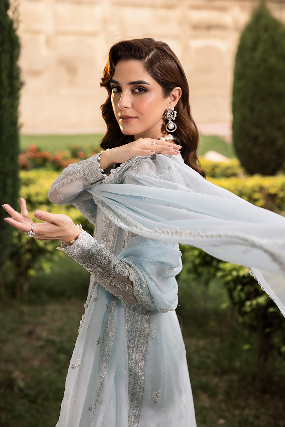 Elegant Light Blue Hand Embellished Chiffon Pakistani Party Dress
