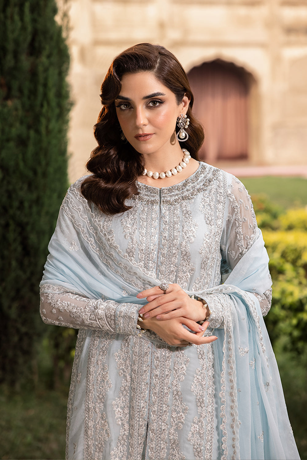 Elegant Light Blue Hand Embellished Chiffon Pakistani Party Dress