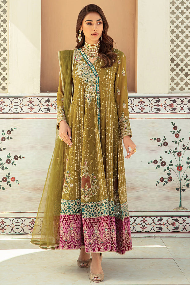 Olive Green Embroidered Pakistani Wedding Dress Pishwas Frock Style