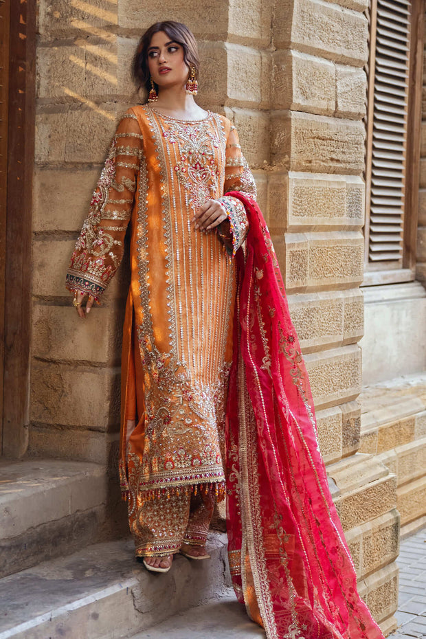 Orange Embellished Pakistani Wedding Dress Kameez Trousers