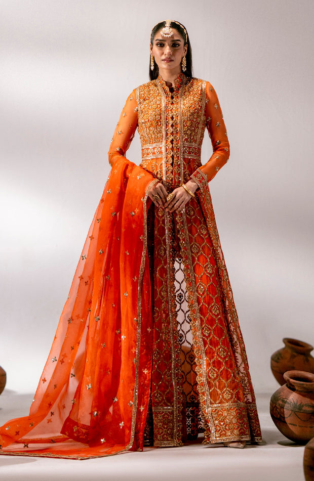 Orange Embroidered Pakistani Wedding Dress in Gown Capri Shirt Style