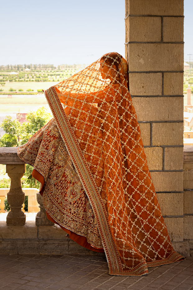 Orange Lehenga Choli and Dupatta Pakistani Bridal Dress Online