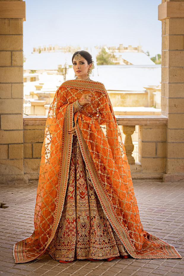 Orange Lehenga Choli and Dupatta Pakistani Bridal Mehndi Dress