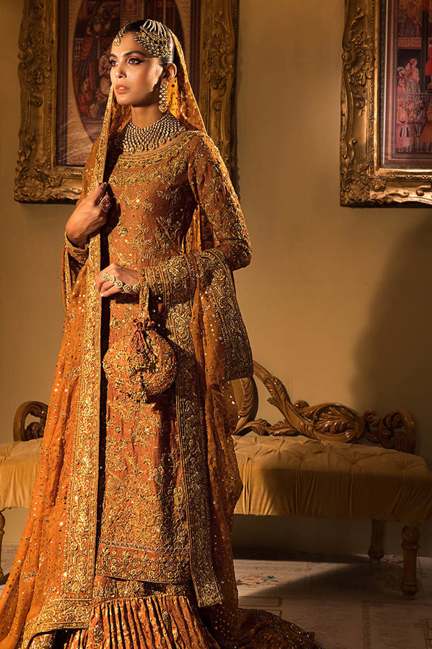 Orange Long Kameez Lehenga Pakistani Bridal Dress