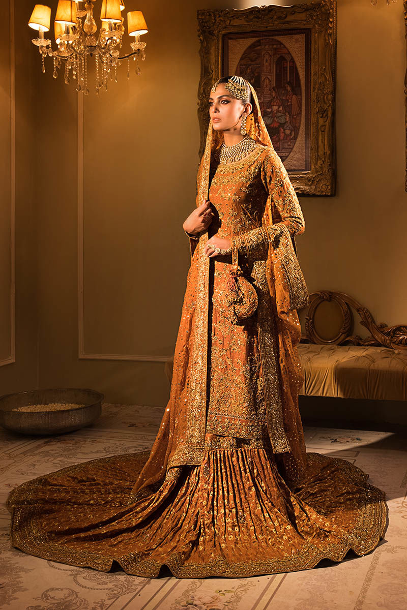 Orange Long Kameez Lehenga Pakistani Bridal Dresses – Nameera by Farooq