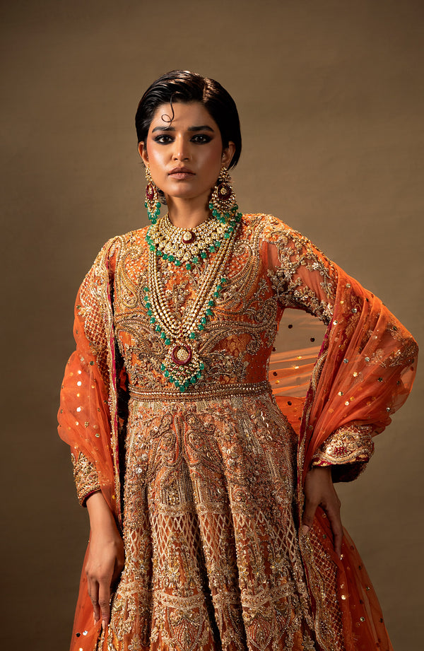 Orange Pakistani Bridal Dress in Pishwas Lehenga Style Online