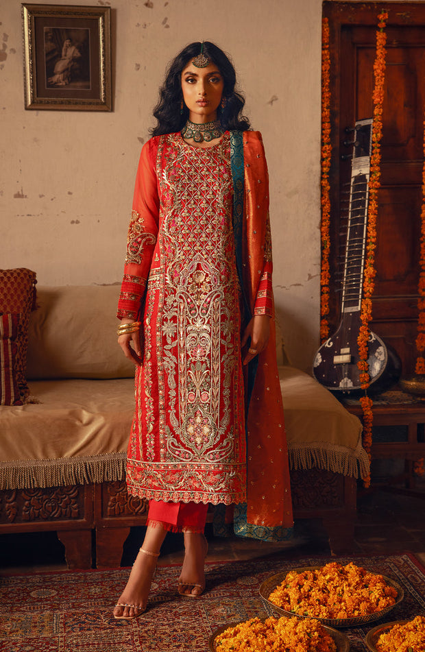 Orange Red Elegant Pakistani Salwar Kameez Embroidered Suit