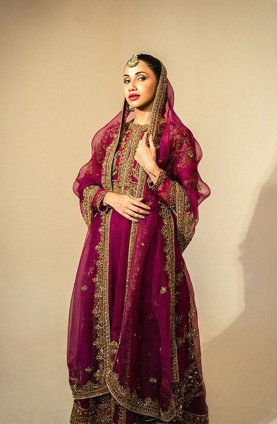 Organza Purple Pakistani Bridal Dress in Sharara Kameez Style
