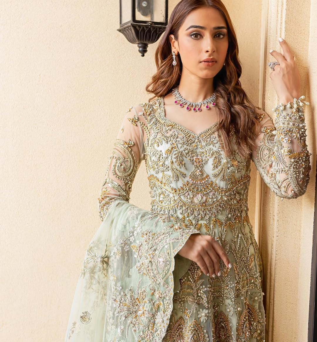 Mint Green Pakistani Bridal Dress with Intricate Embroidery