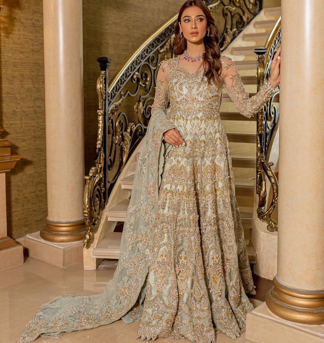 Mint Green Pakistani Bridal Dress with Intricate Embroidery