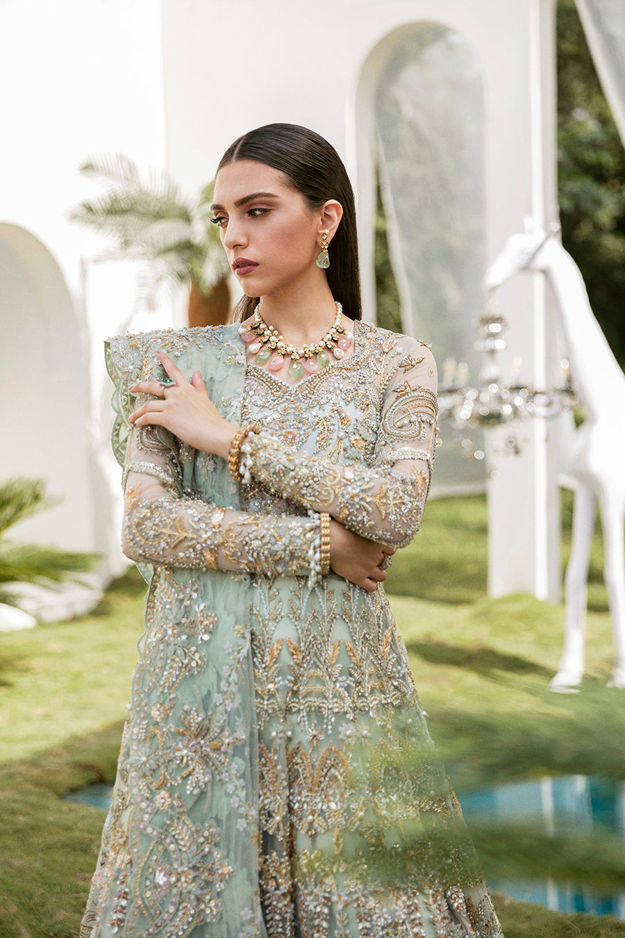 Mint Green Pakistani Bridal Dress with Intricate Embroidery