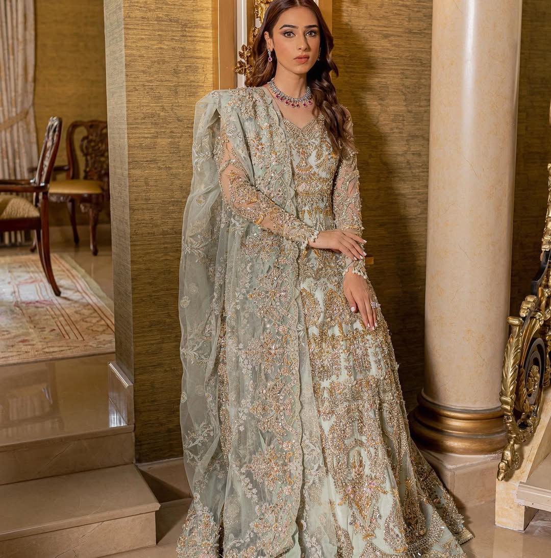 Elegant Mint Green Pakistani Bridal Dress for Special Occasions