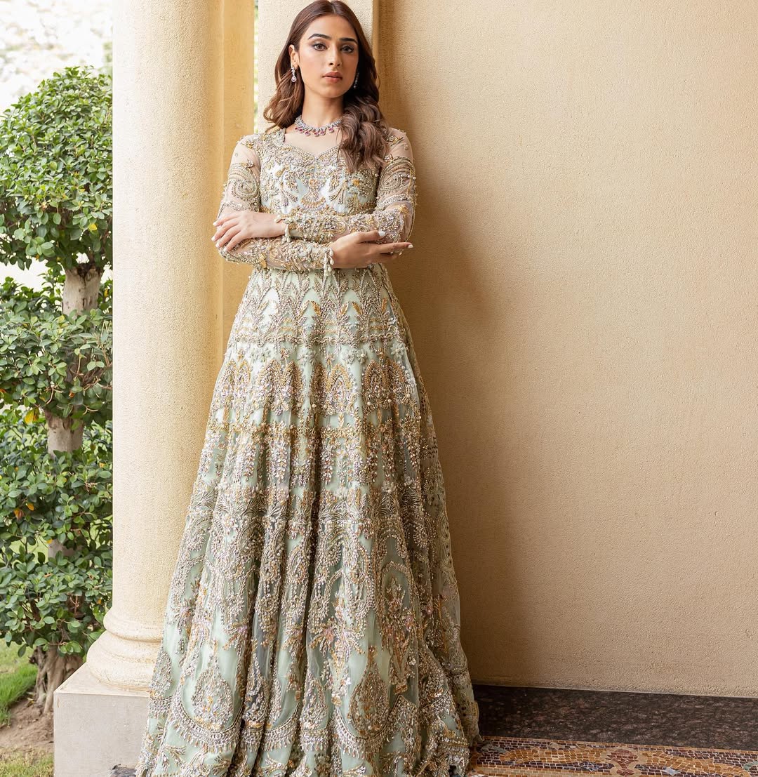 Mint Green Pakistani Bridal Dress with Intricate Embroidery
