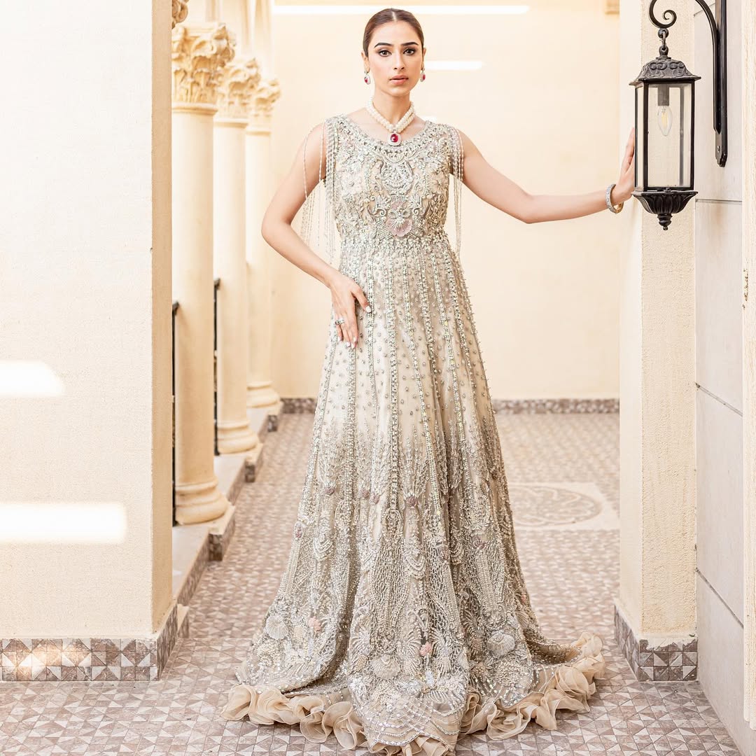 Champagne Gold Pakistani Bridal Outfit with Floral Embroidery