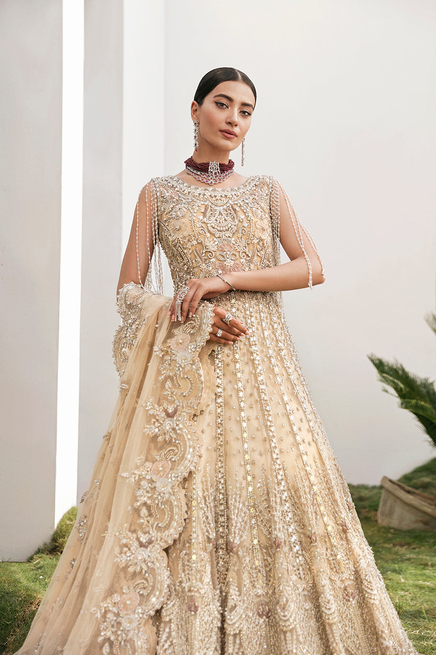 Elegant Champagne Gold Pakistani Bridal Dress for Weddings