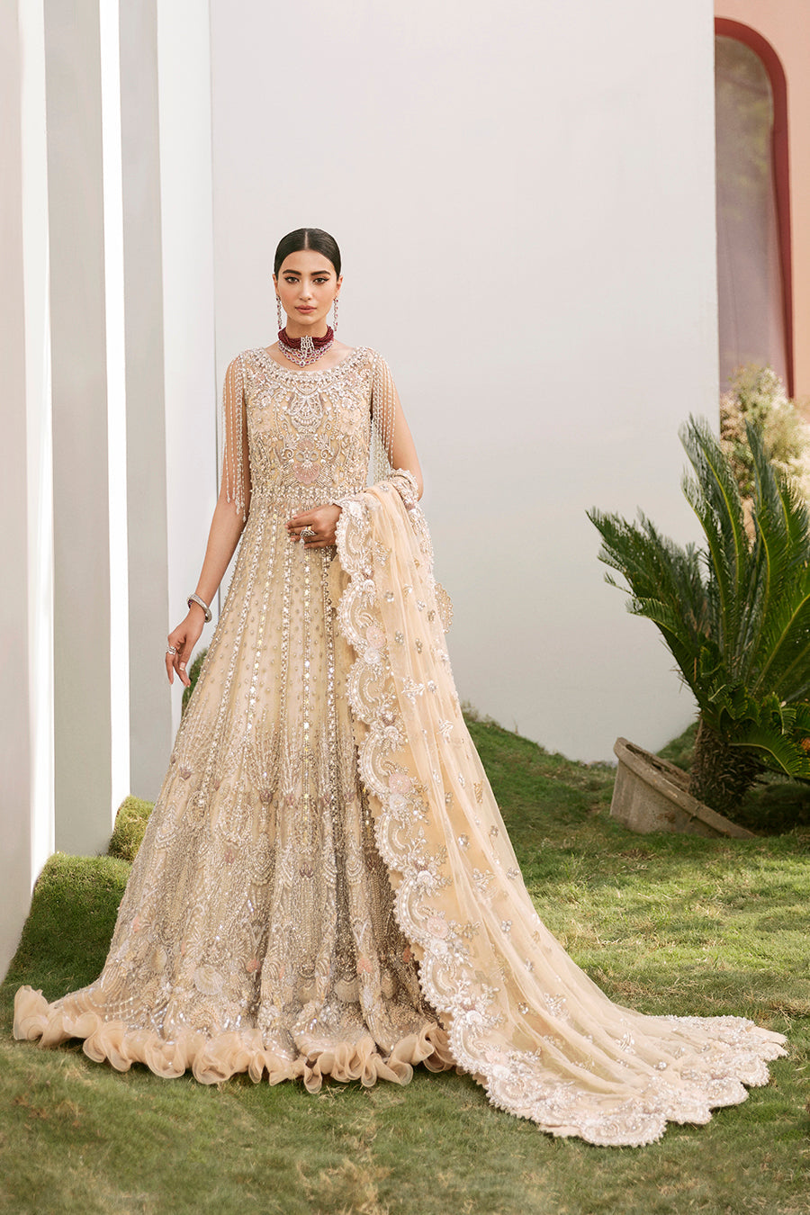 Champagne Gold Pakistani Bridal Outfit with Floral Embroidery