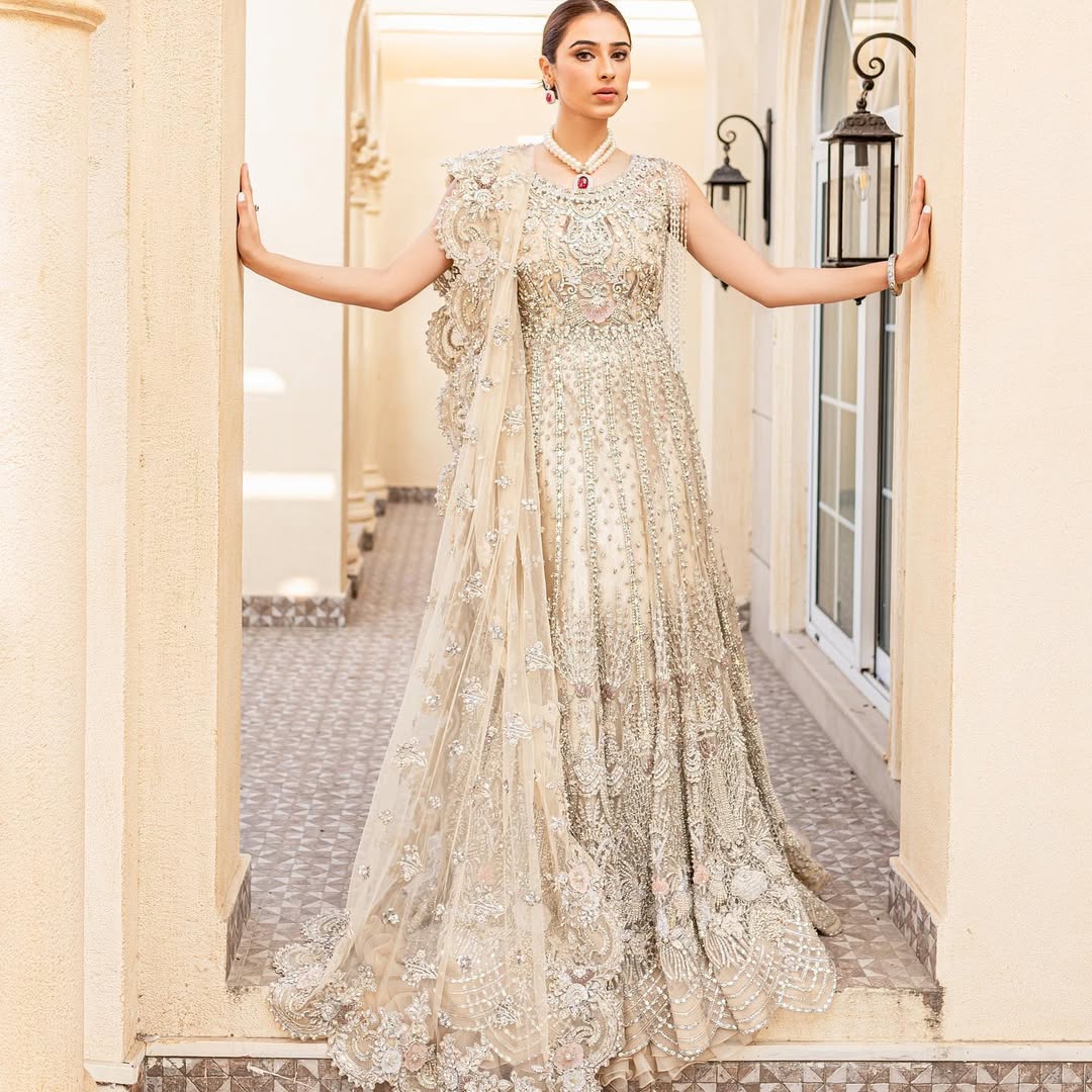 Champagne Gold Pakistani Bridal Outfit with Floral Embroidery