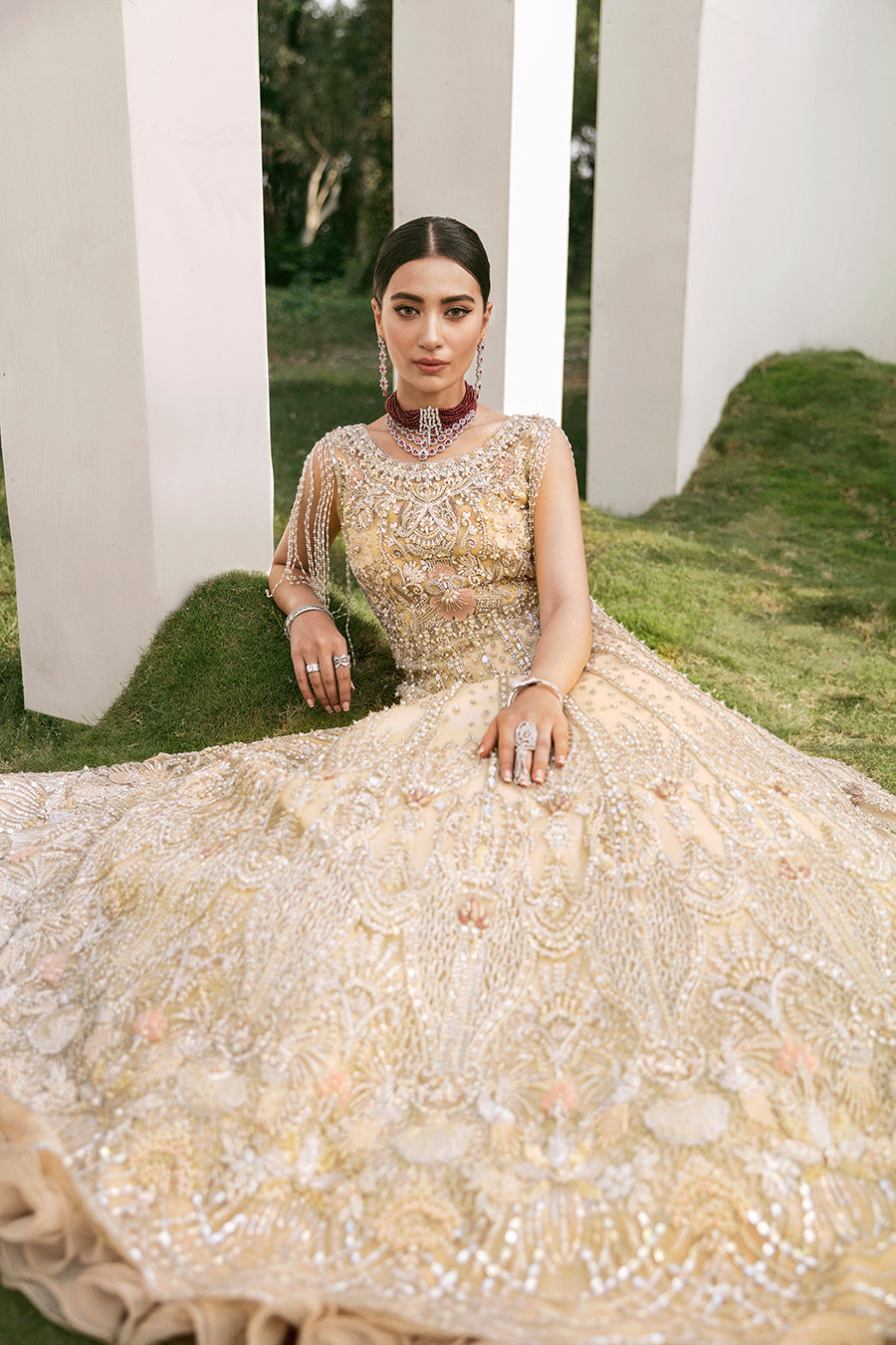 Champagne Gold Pakistani Bridal Outfit with Floral Embroidery