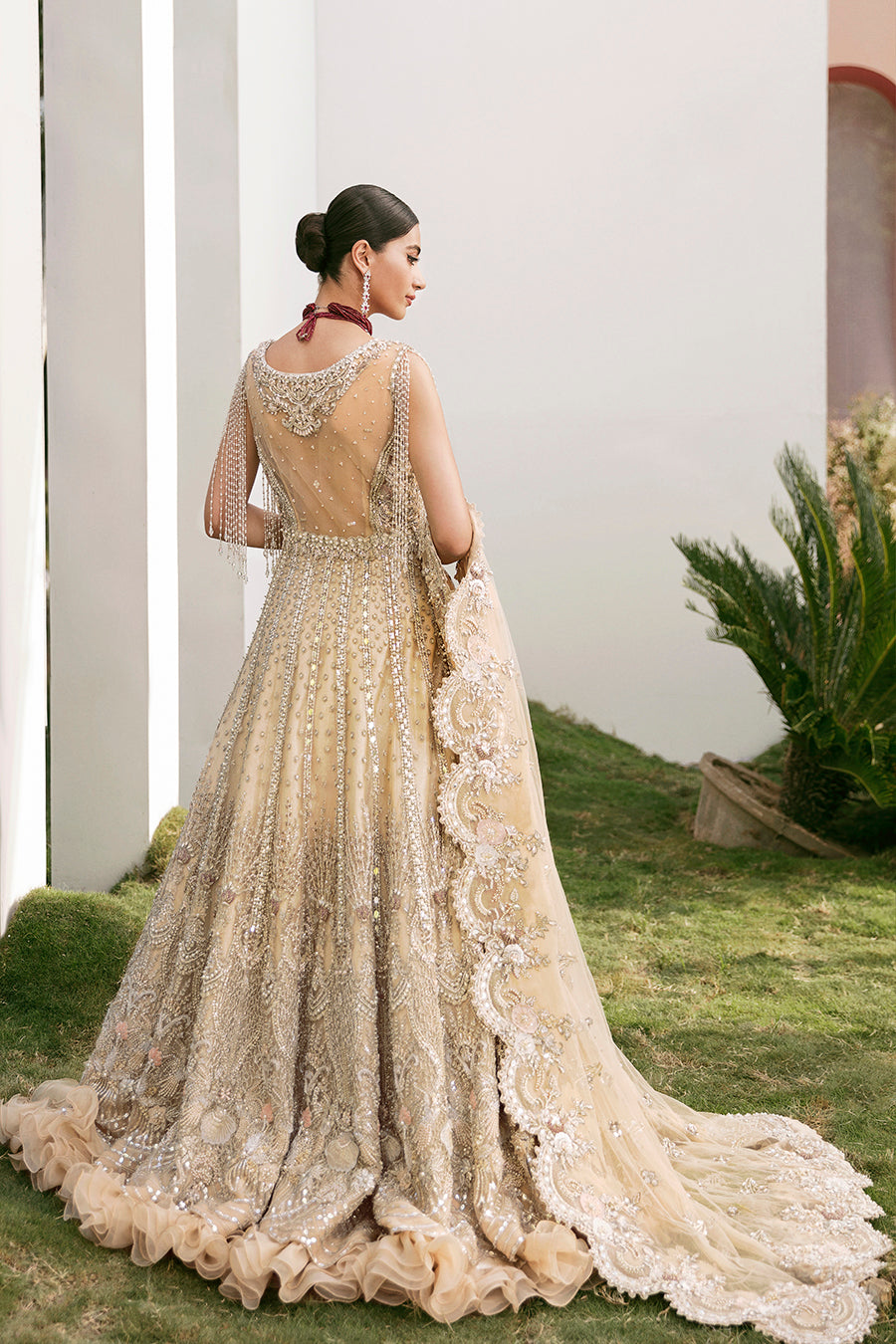 Champagne Gold Pakistani Bridal Outfit with Floral Embroidery