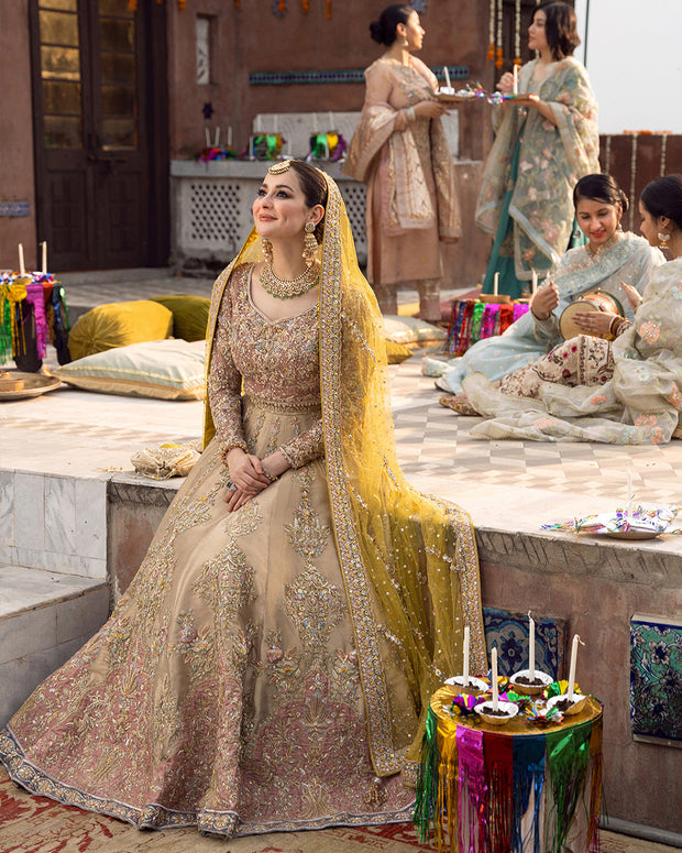 Pakistani Bridal Dress Lehenga Choli in Yellow and Tea Pink Contrast