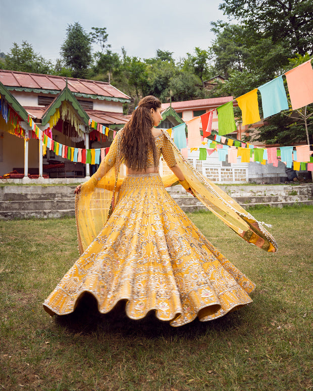 Pakistani Bridal Dress Yellow Embroidered Lehenga Choli Outfit in USA