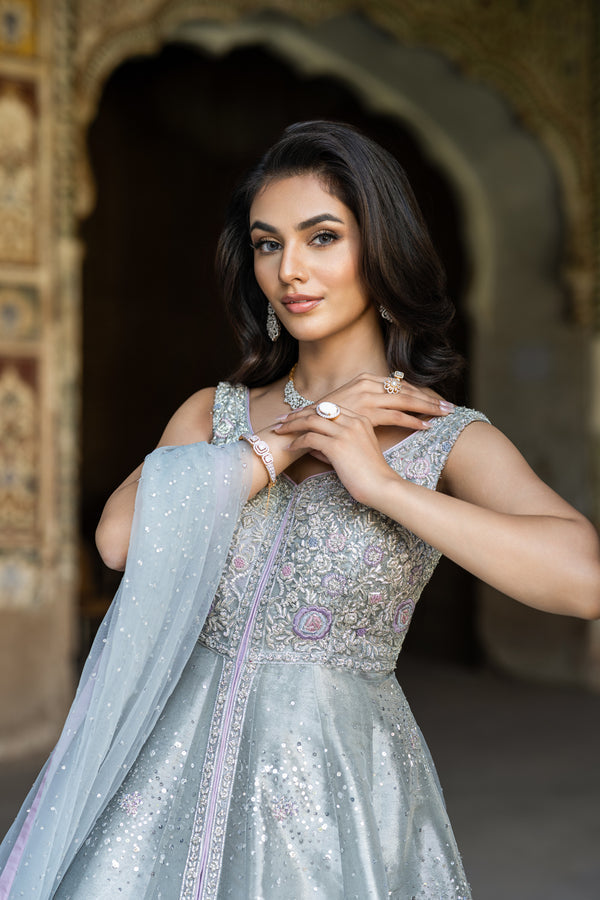 Pakistani Bridal Dress in Blue Gown and Dupatta Style LARGE