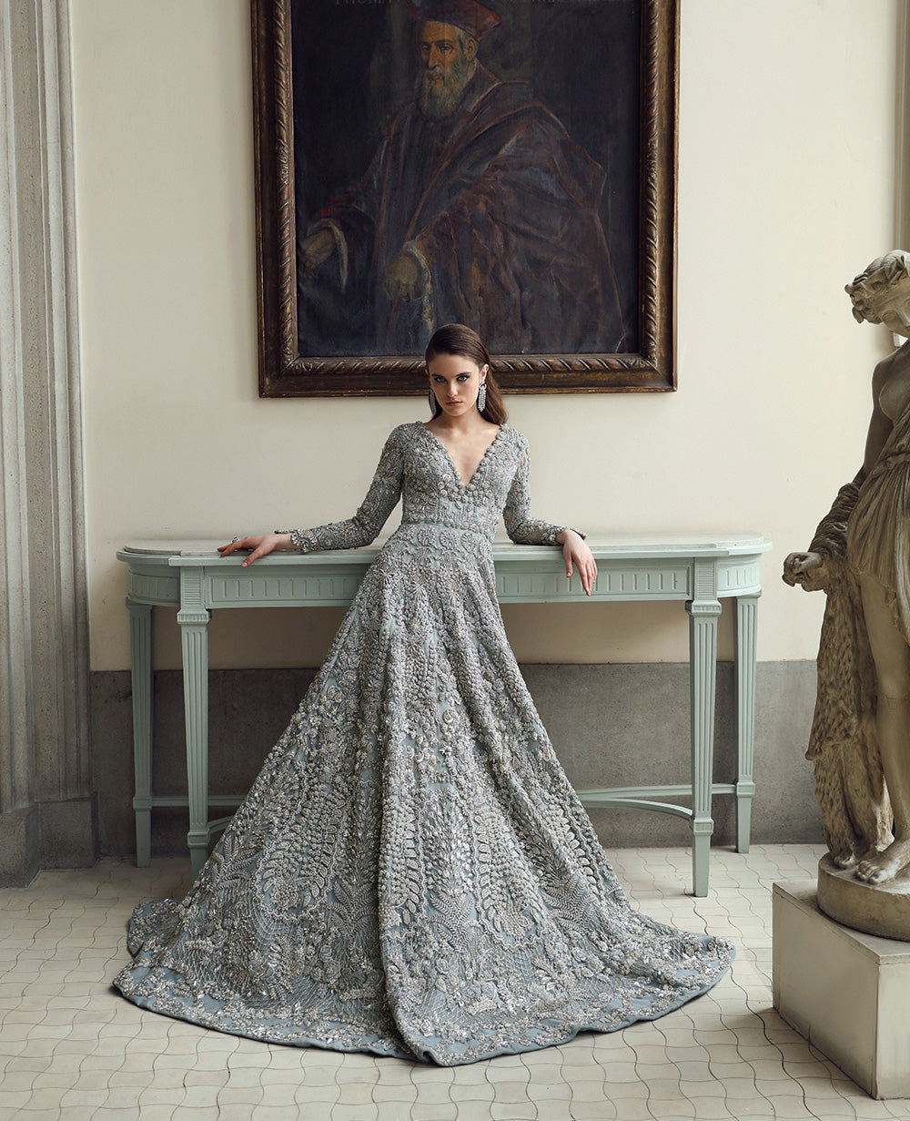 Pakistani Bridal Dress in Blue Grey Gown Dupatta Style Online