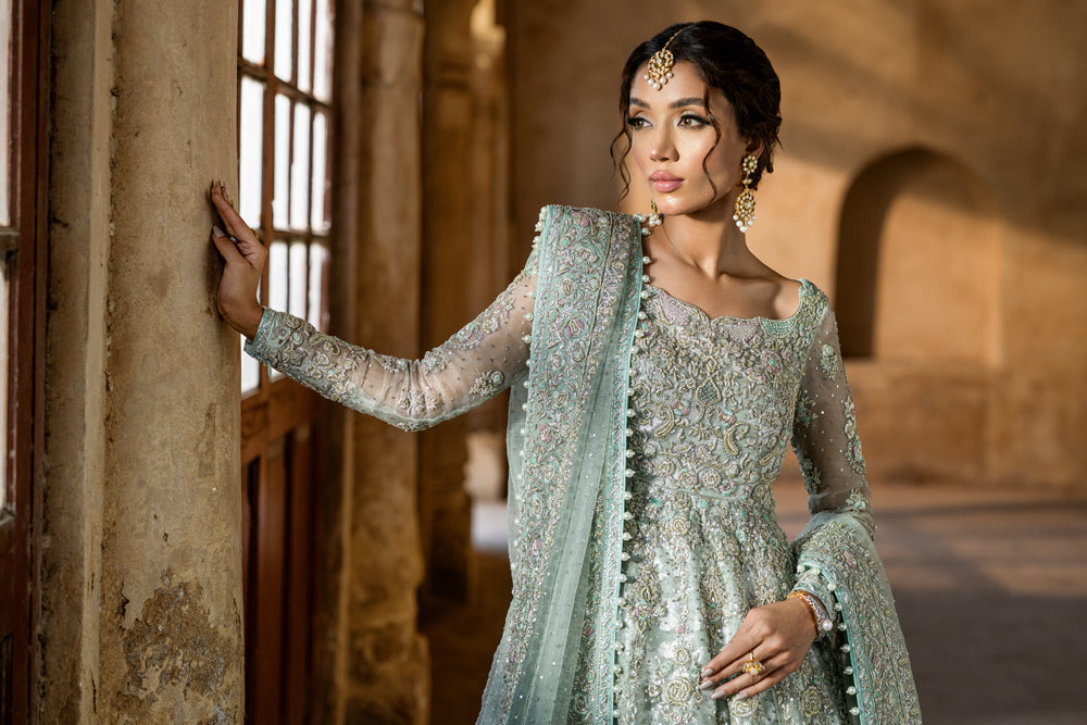 Pakistani Bridal Dress in Blue Lehenga Frock Style