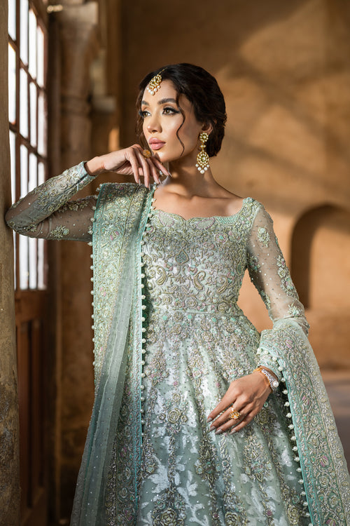 Pakistani Bridal Dress in Blue Lehenga and Frock Style SMALL