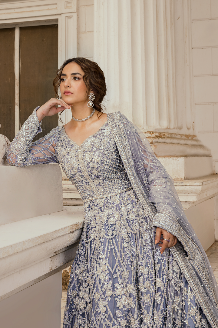 Pakistani Bridal Dress in Blue Pishwas Frock Style