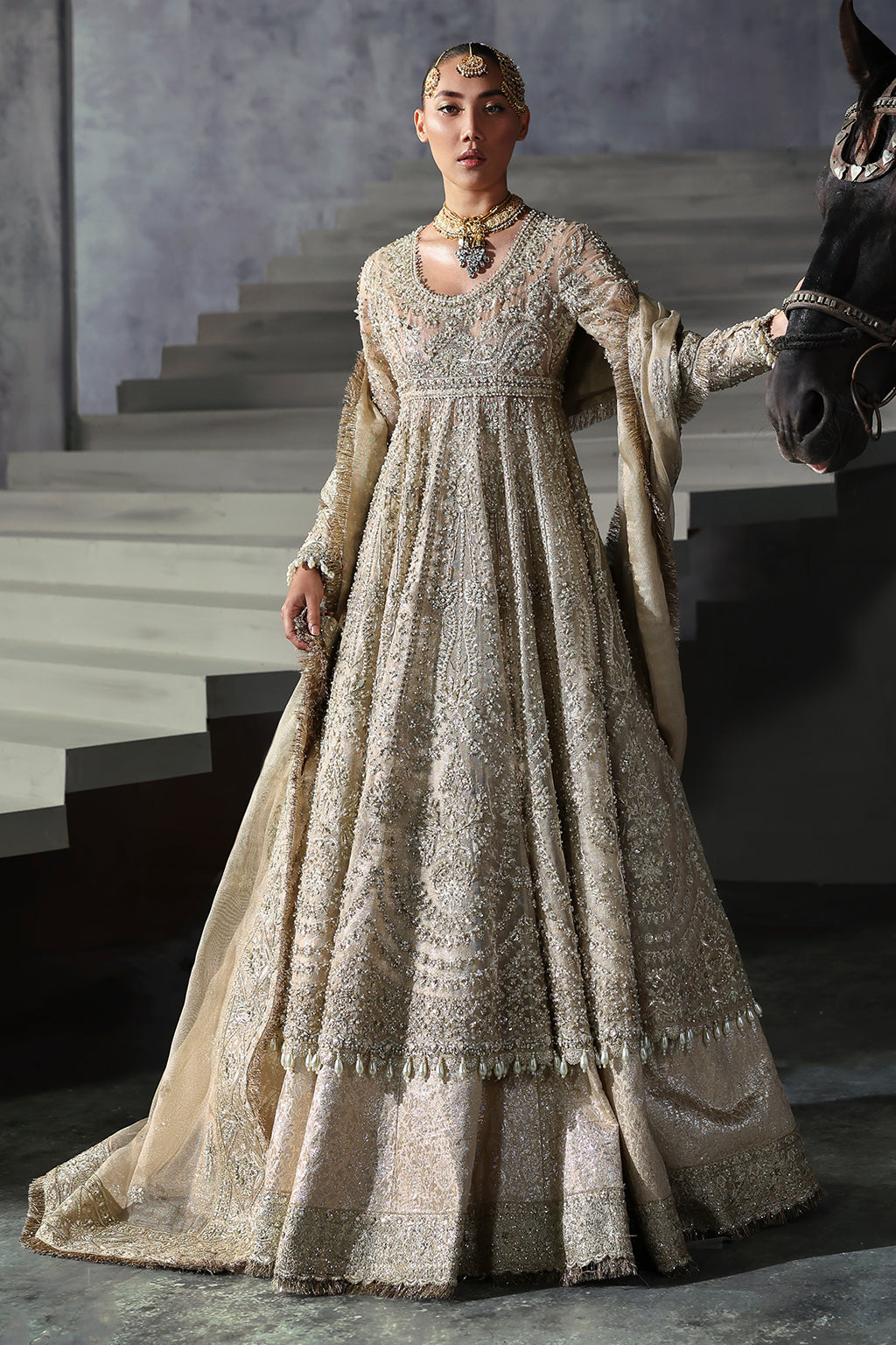 Pakistani Bridal Dress in Gold Frock and Lehenga Style