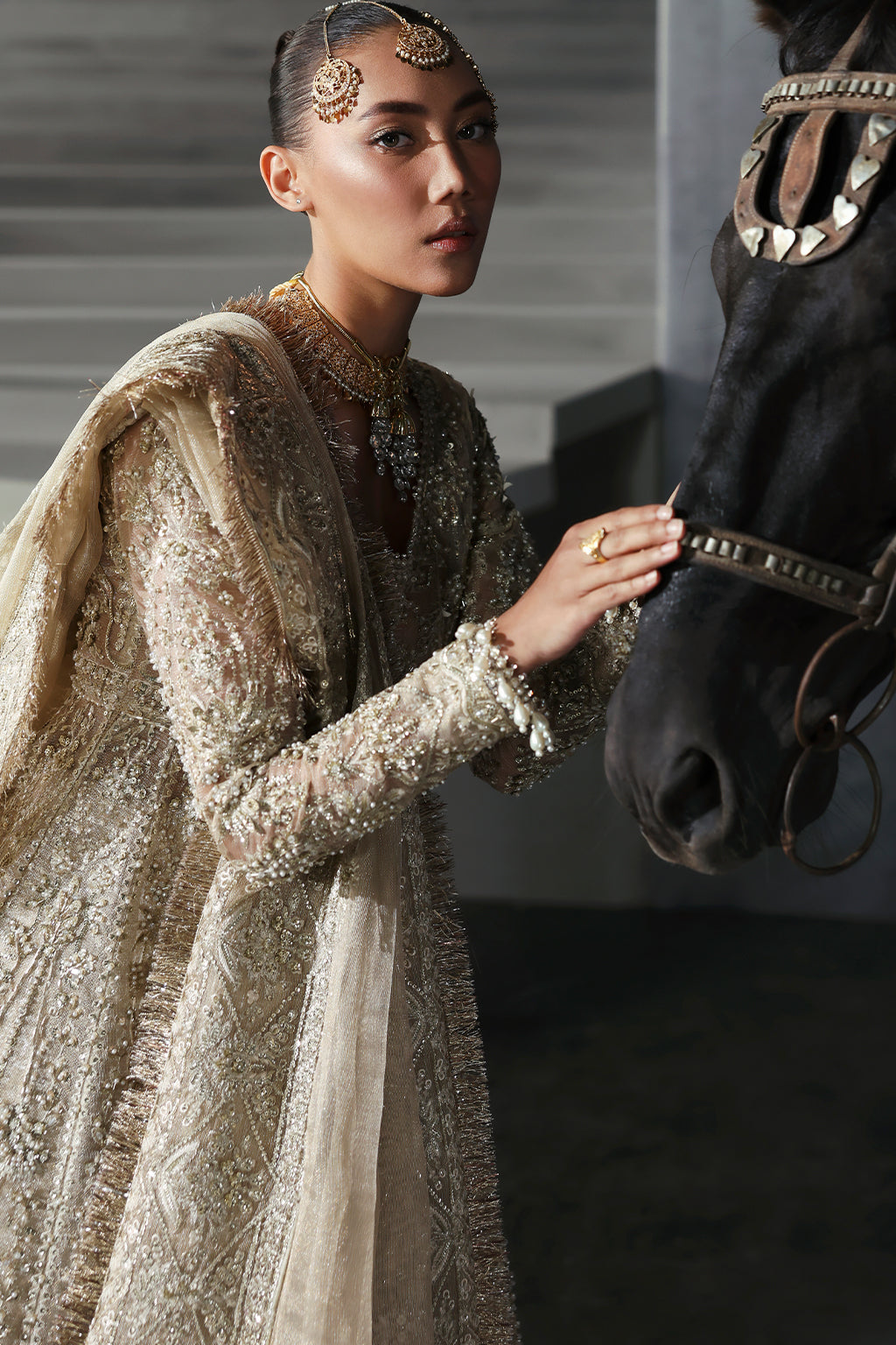 Pakistani Bridal Dress in Gold Frock and Lehenga Style Online