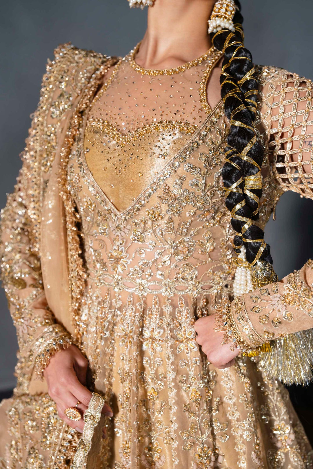 Pakistani Bridal Dress in Gold Pishwas Lehenga Style Online