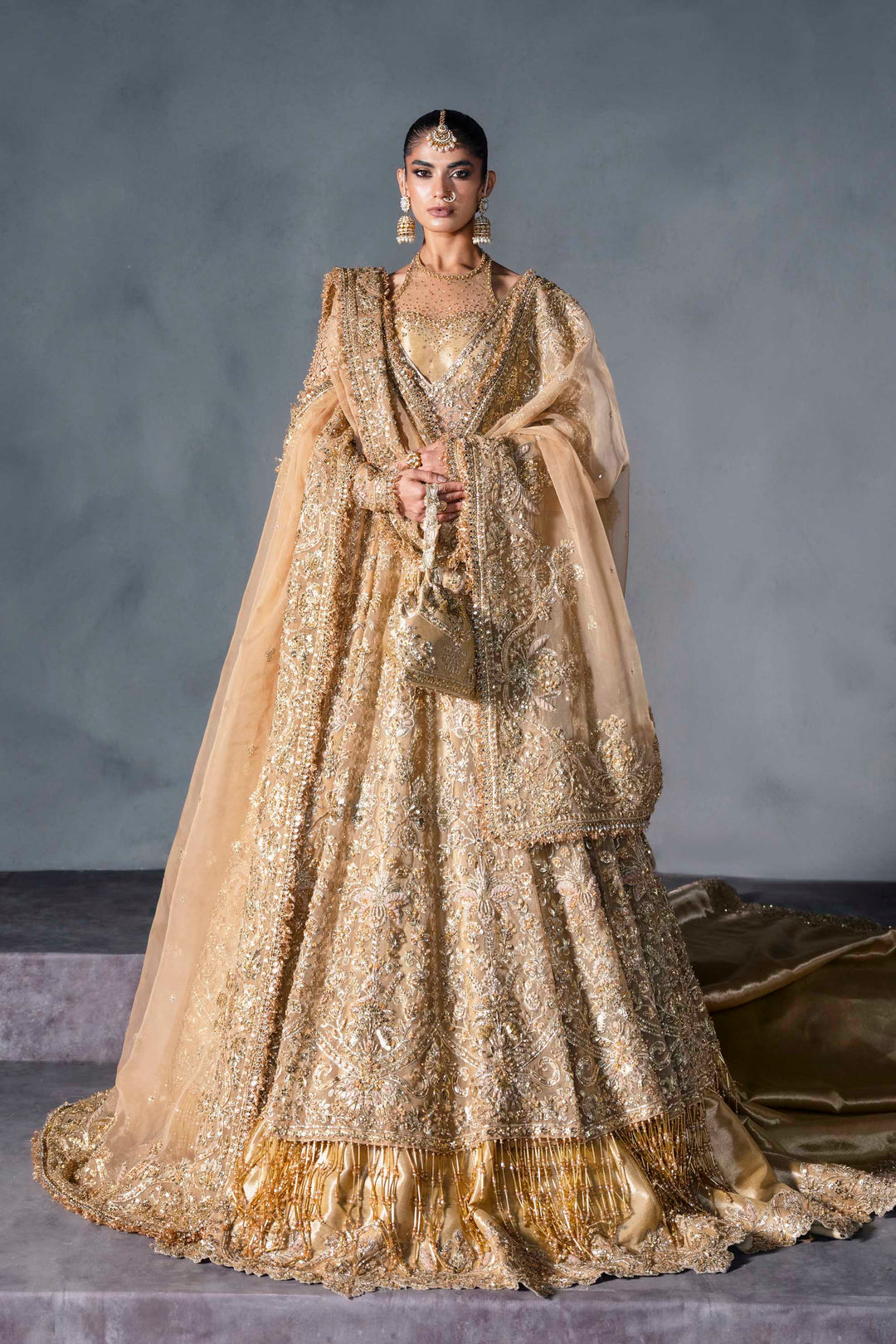 Pakistani Bridal Dress in Gold Pishwas Lehenga Style