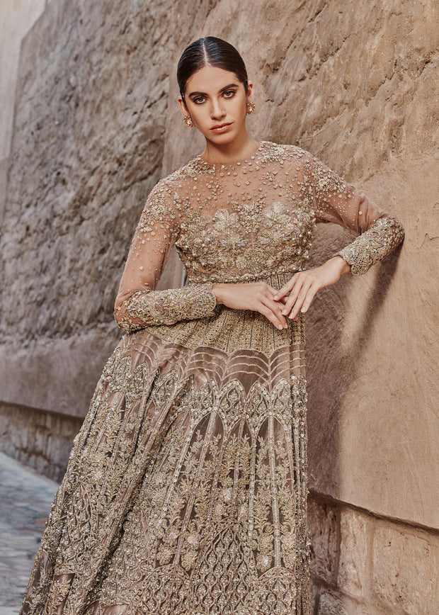 Pakistani Bridal Dress in Golden Lehenga Gown Style