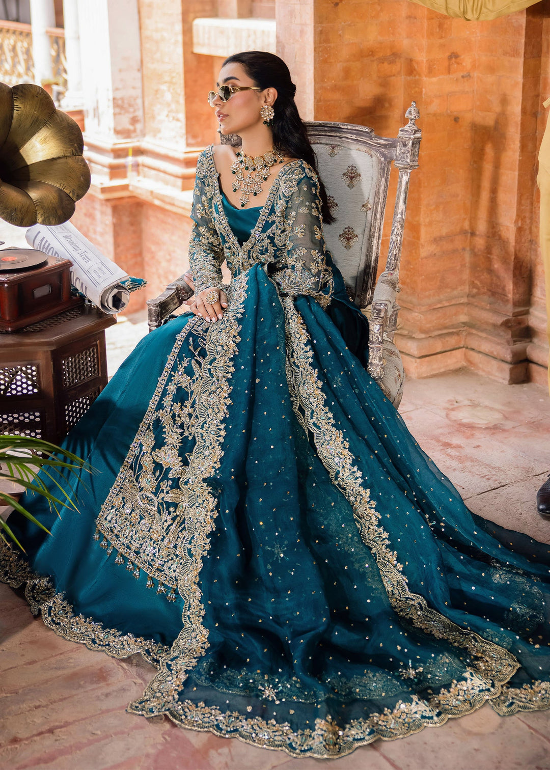 Pakistani Bridal Dress in Open Gown Blue Lehenga Style Nameera by Farooq Pakistani Bridal Dress in Open Gown Blue Lehenga Style Nameera by Farooq